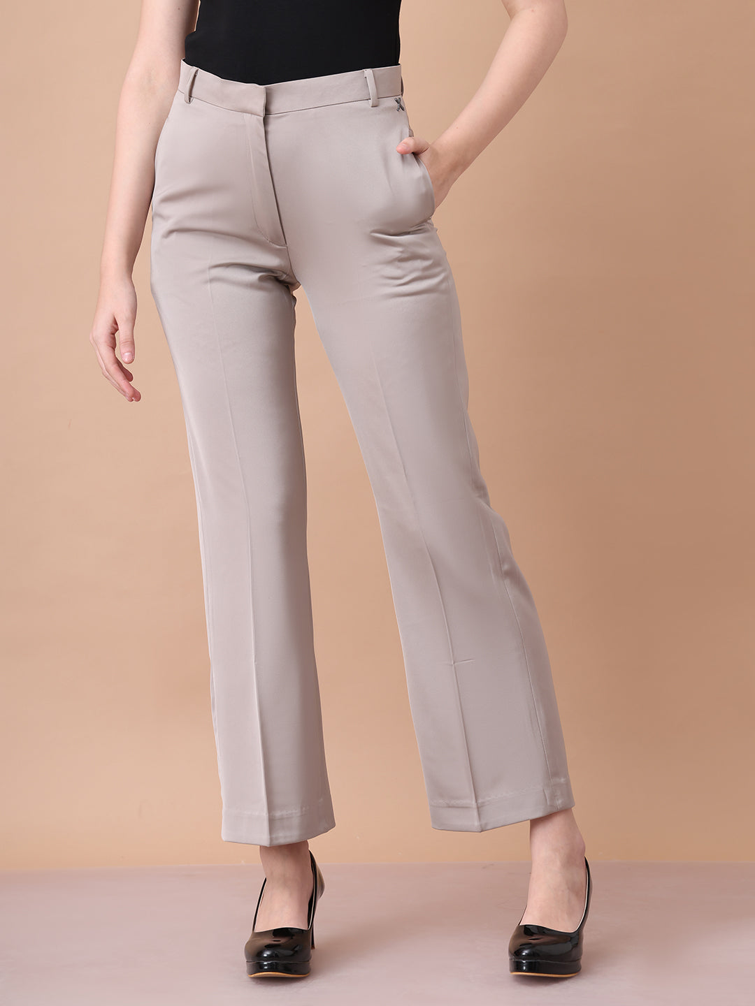 Exude Soulful Styles Straight Fit Matt Satin Trouser ( Light Beige)