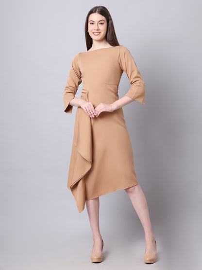 Exude Sunlit Drape Dress With Sleeves (Beige)