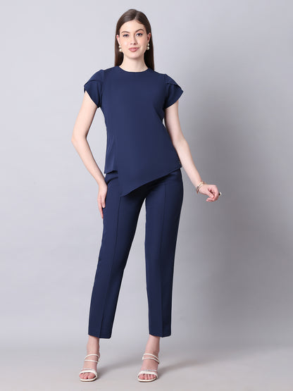 Exude Iconic Asymetrical Top with Straight Fit Trouser Co-ord (Navy)