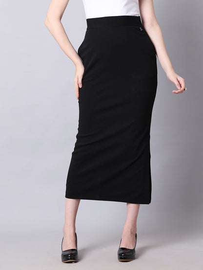 Exude Statement Piece Long Black Skirt with Side Slit (Black)