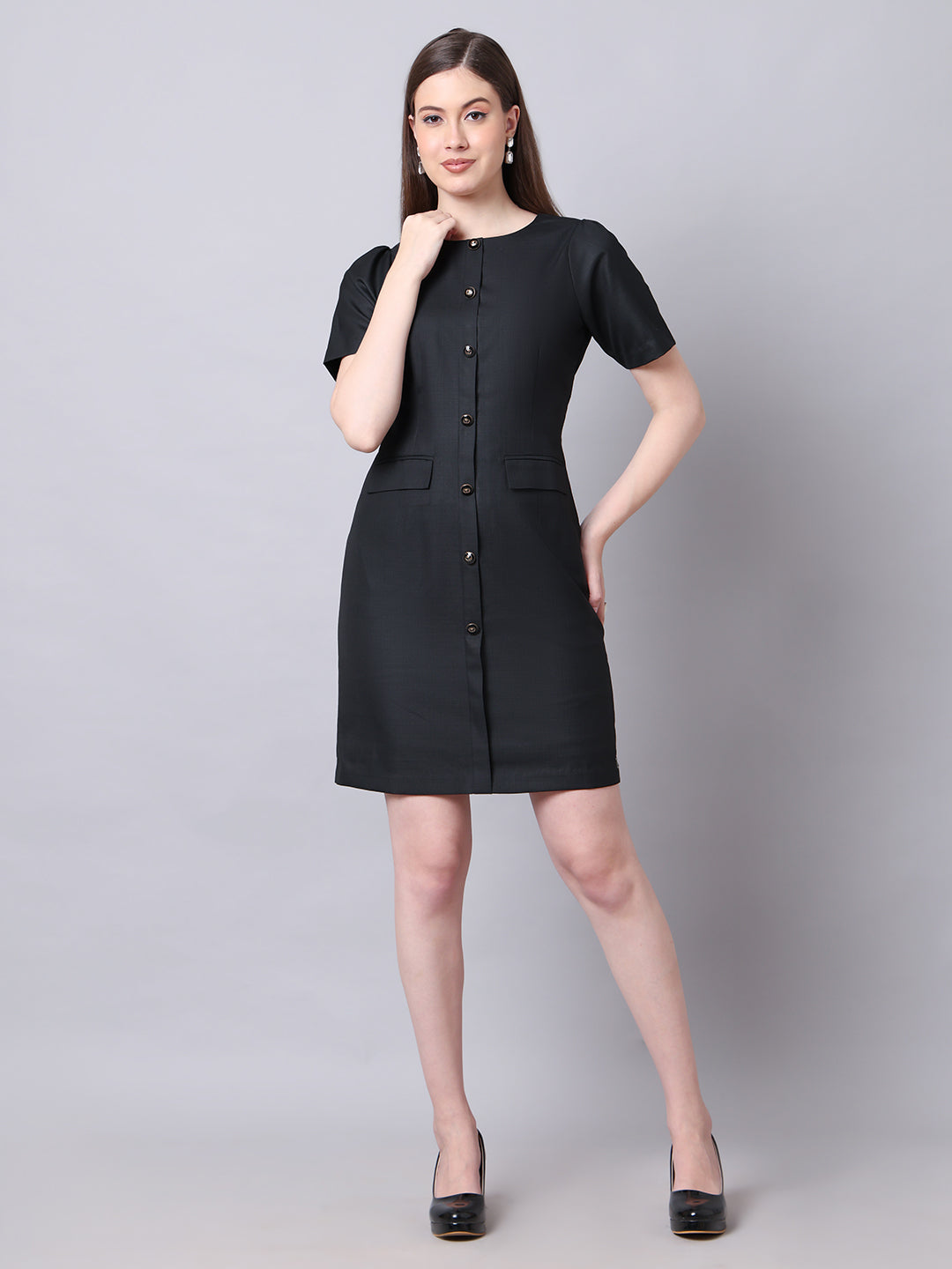 Exude Chic Revolution Suiting Fabric Front Button Shift Dress (Black)