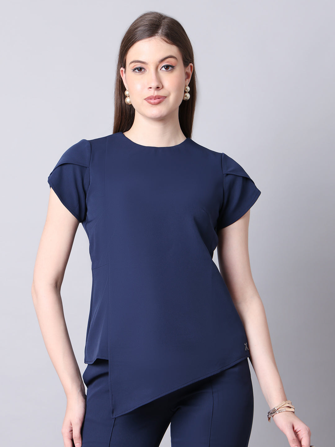 Exude Elysian Essence Asymmetrical Top with Cap Sleeves (Navy)