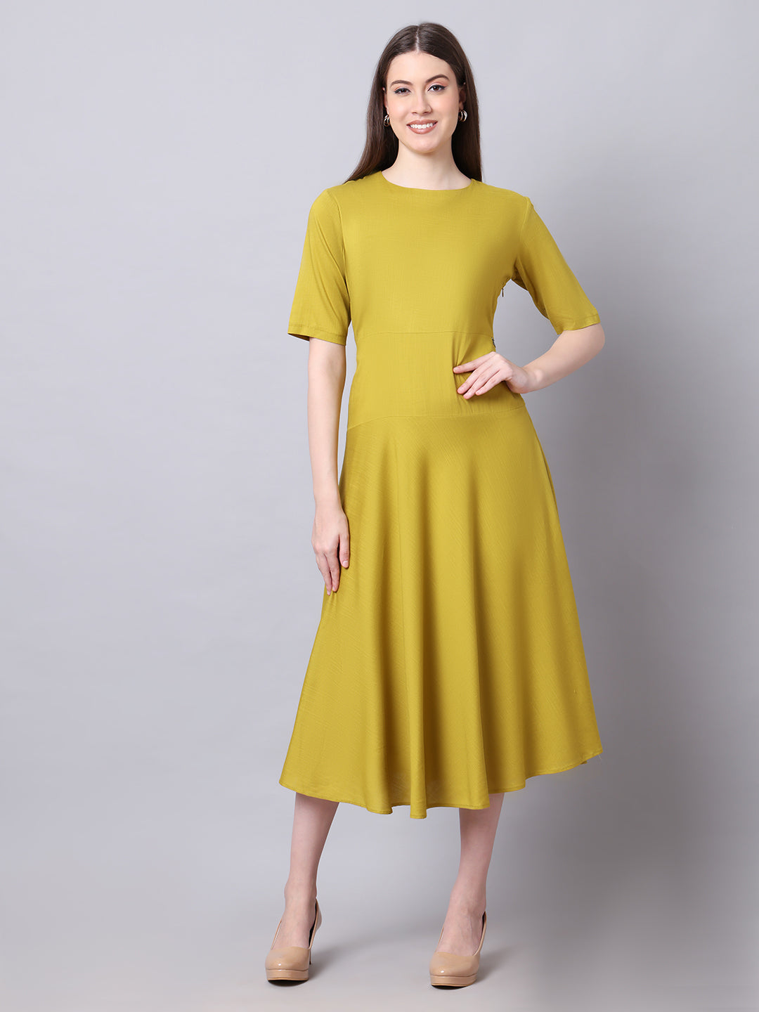 Exude Resilient Radiance Midi Flare Dress with Sleeves (Lime)