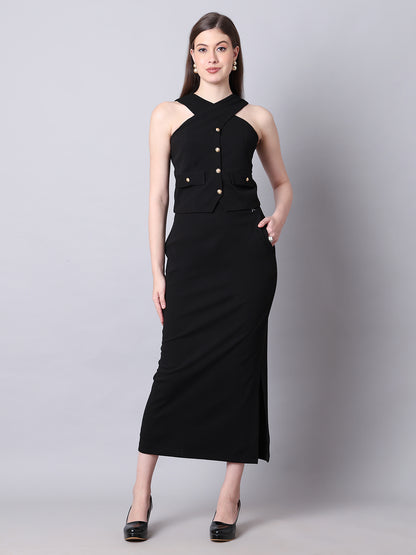 Exude Runway-Ready Long Skirt with Halter Top (Black)