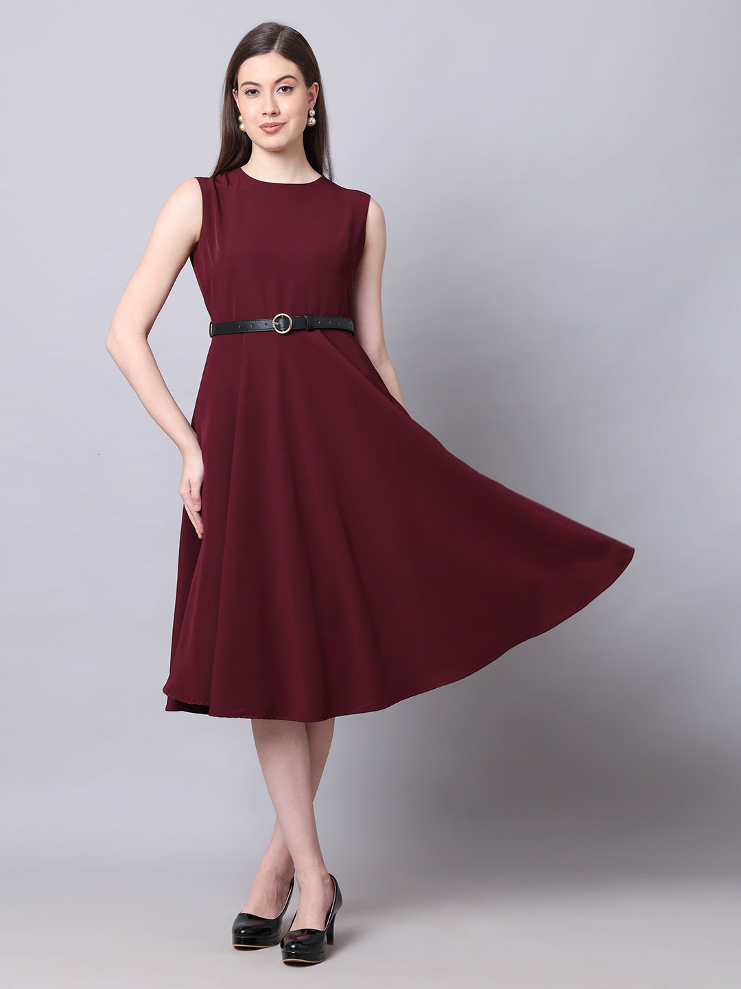 Exude Warmth Fit &amp; Flare Dress with Belt (Wine)