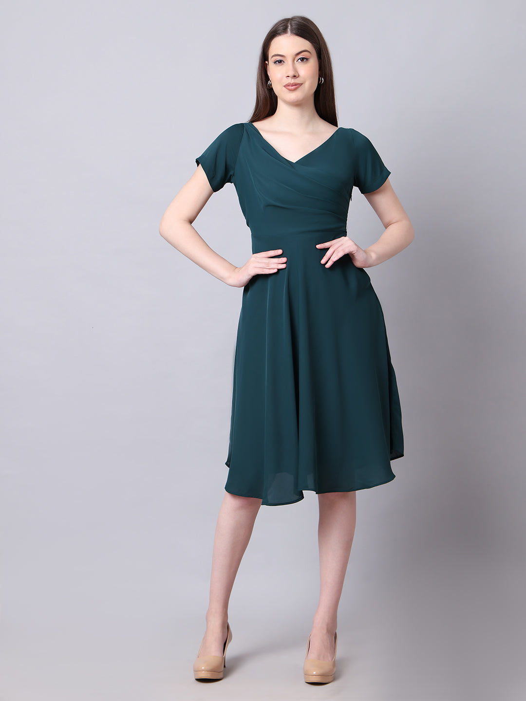 Exude Intrepid V-Neck Front Pleat Dress with Pockets ( Emerald)