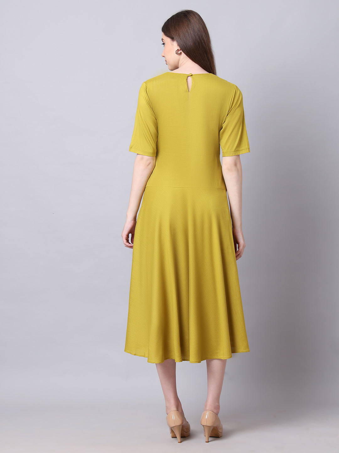 Exude Resilient Radiance Midi Flare Dress with Sleeves (Lime)