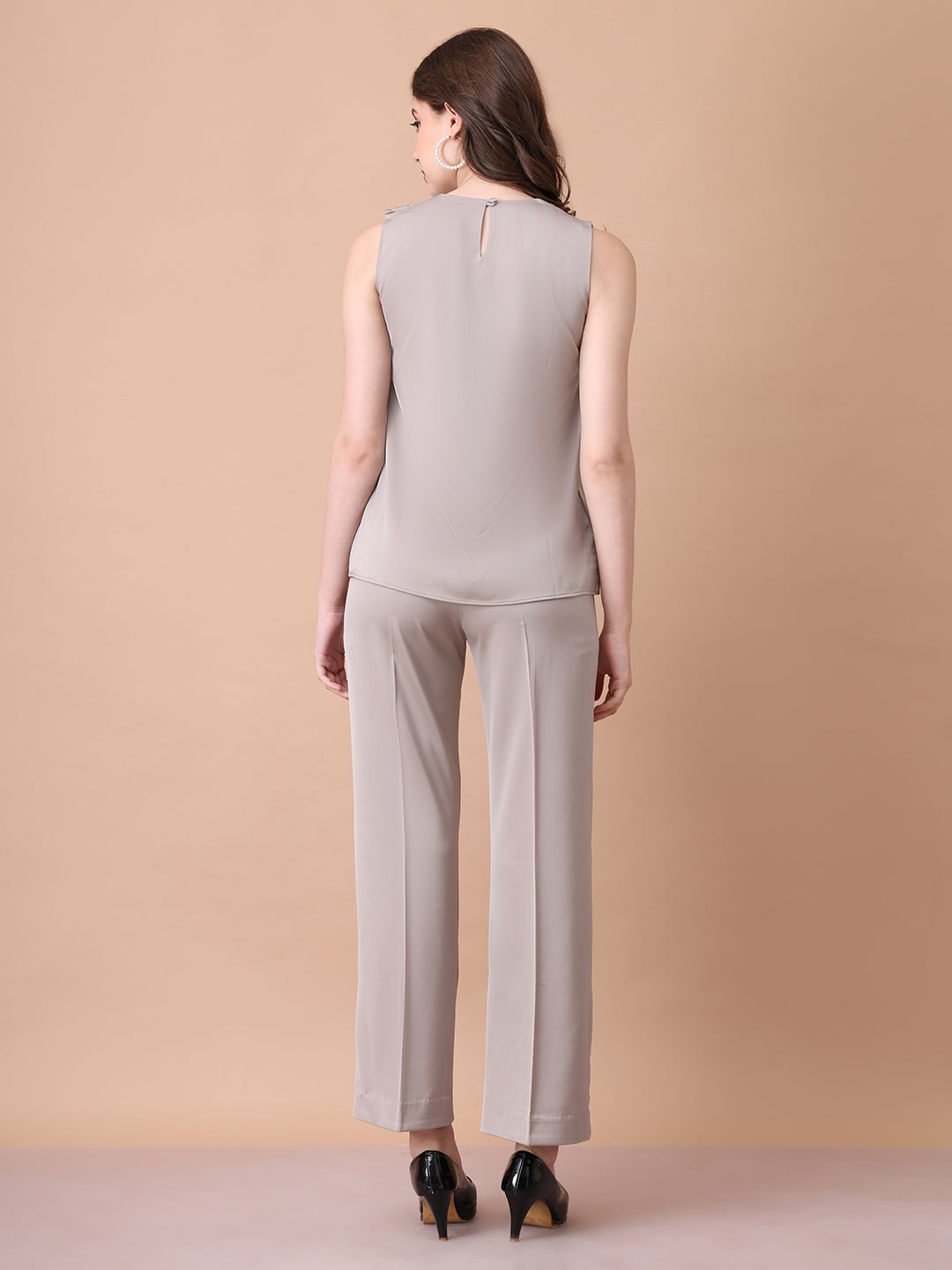 Exude Unbreakable Soft Matt Satin Overlay Sleeveless Top Paired With Straight Fit Trousers ( Light Beige)