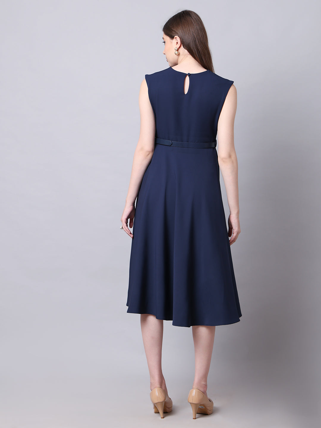 Exude Warmth Fit &amp; Flare Dress with Belt (Navy)