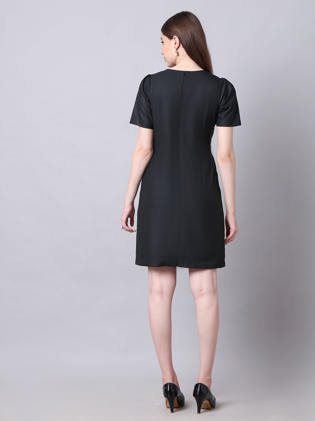 Exude Chic Revolution Suiting Fabric Front Button Shift Dress (Black)