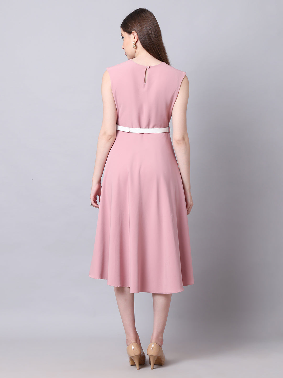 Exude Warmth Fit &amp; Flare Dress with Belt (Blush Pink)