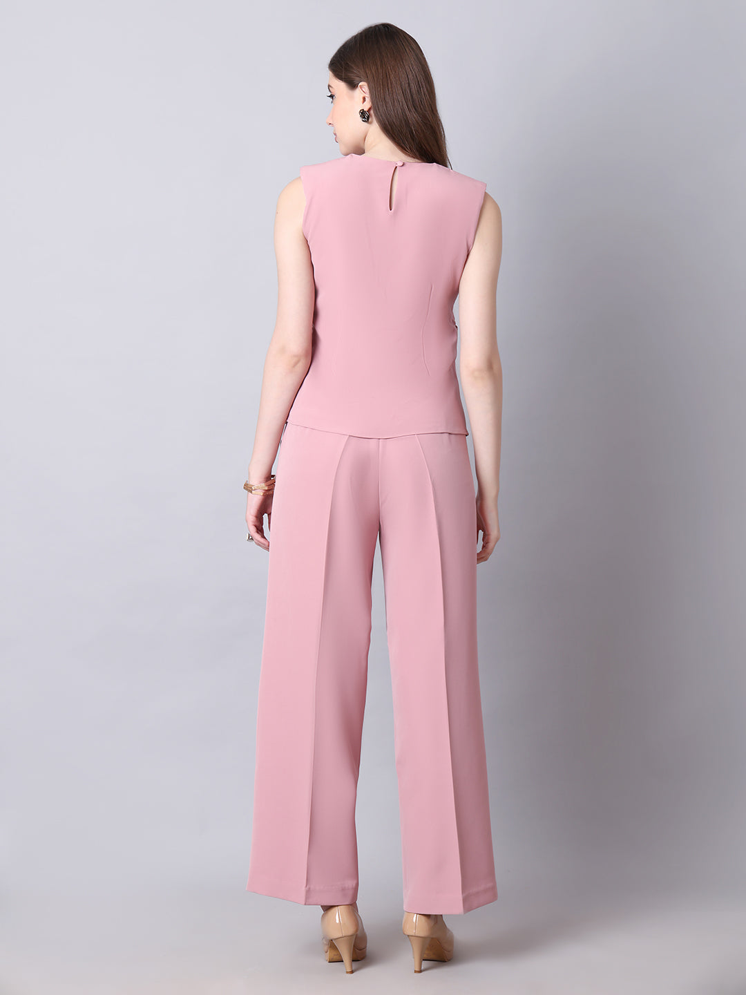 Exude Warrior Queen Side and Shoulder Pleat Top Paired with Wide Leg Trousers (Dusty Pink)