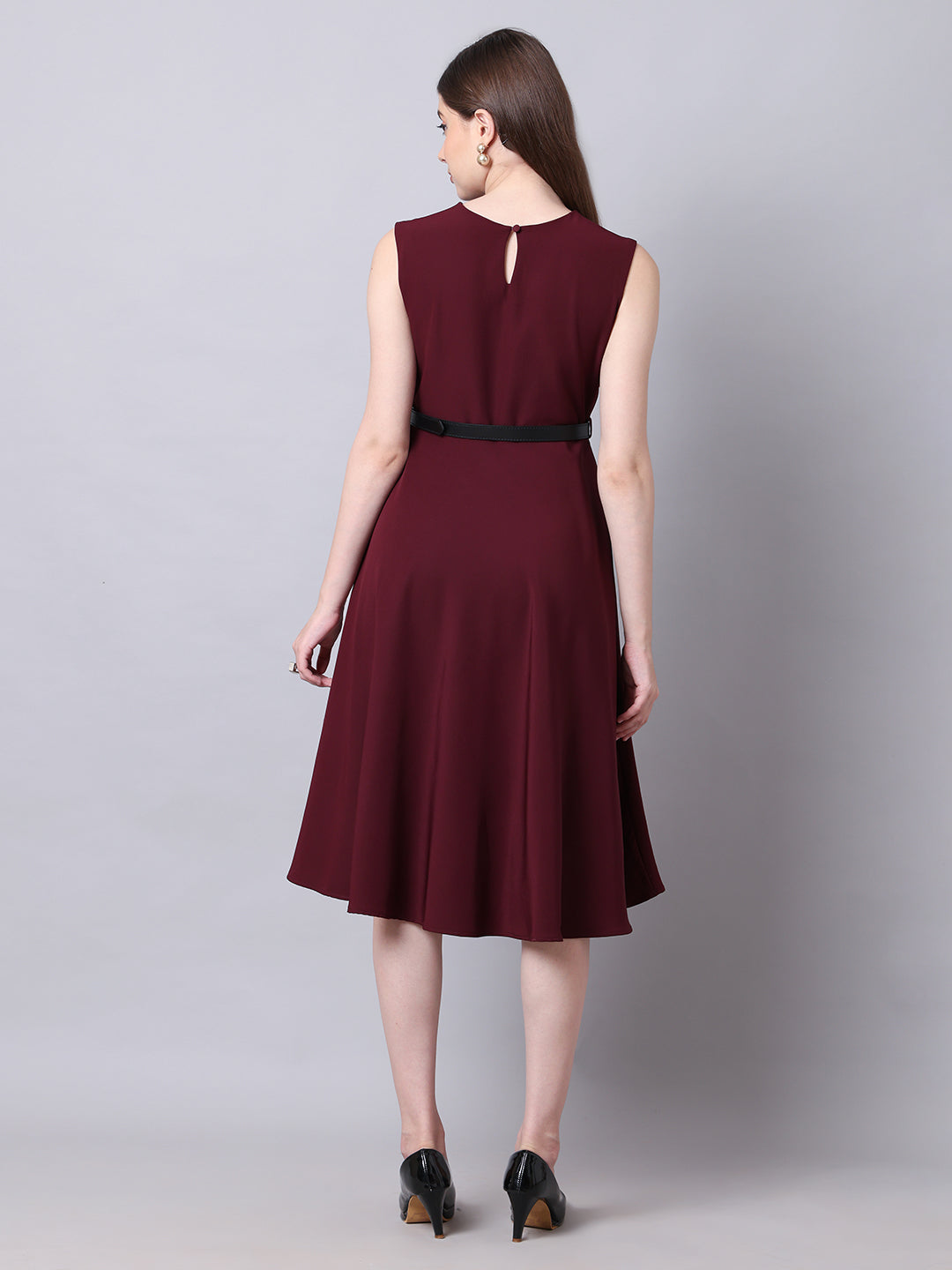 Exude Warmth Fit &amp; Flare Dress with Belt (Wine)