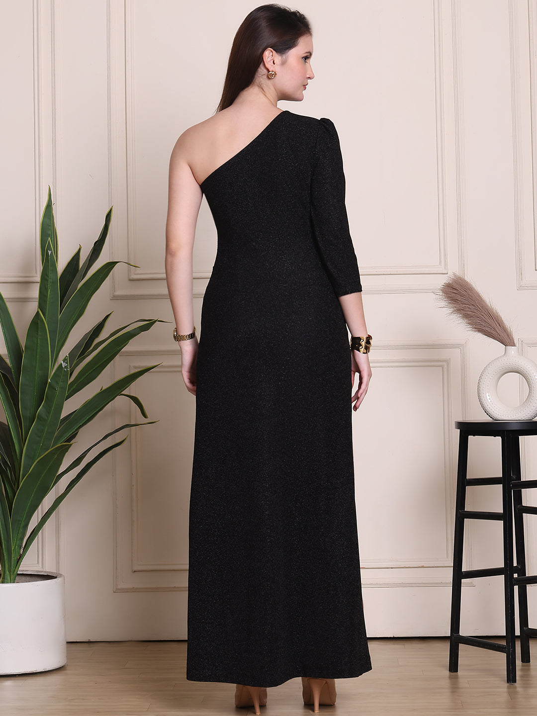 Exude Exquisite Glow Black Off-Shoulder Gown