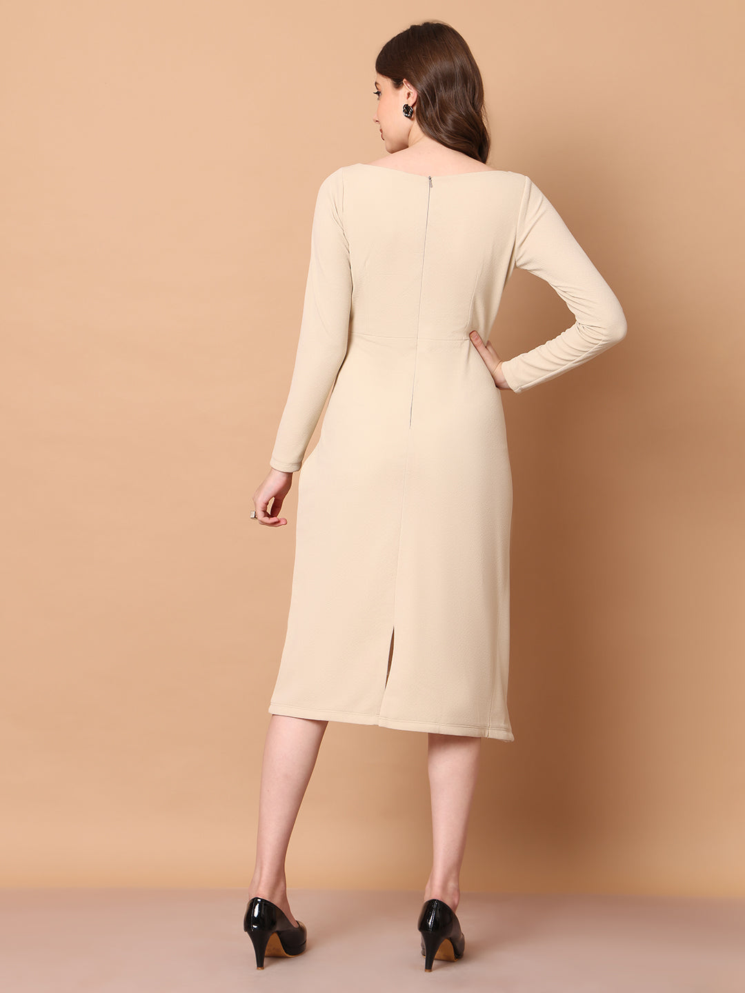 Exude Feminine Flair Front Fold Wrap Dress (Beige)