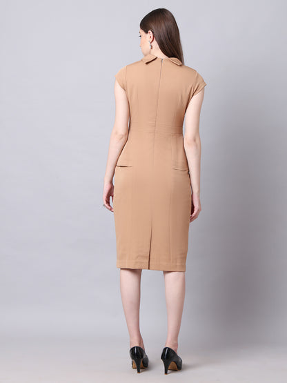 Exude Bold &amp; Beautiful High neck Dress with Cap Sleeves (Beige)