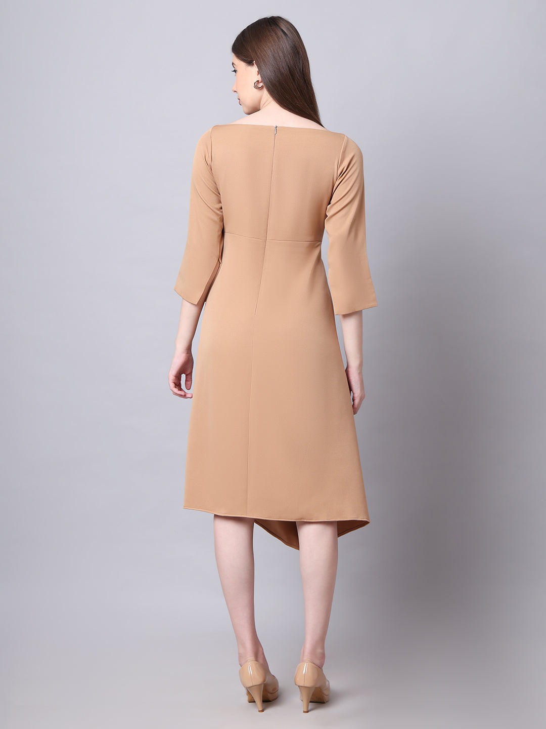 Exude Sunlit Drape Dress With Sleeves (Beige)