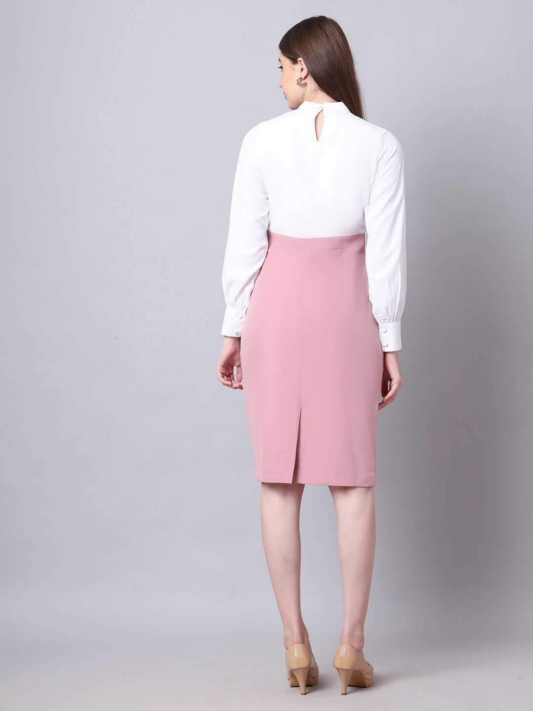 Exude Show-stopping Colour Block with High Neck Dress ( Dusty Pink)