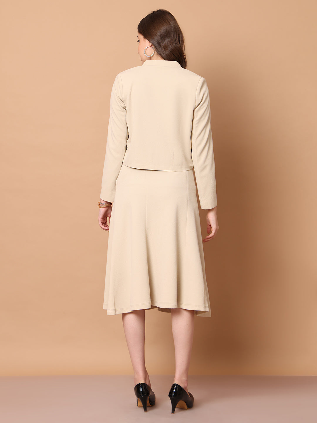 Exude Exuberant Mandarin Collar Blazer with Midi A-line Skirt (Beige)