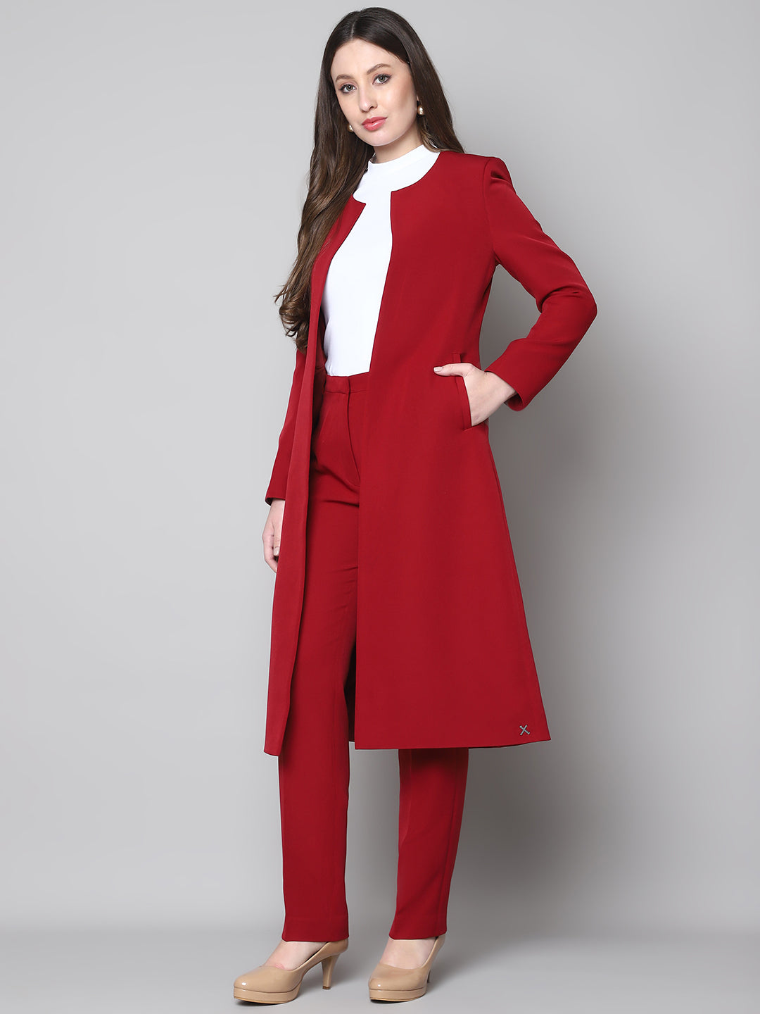 Exude Phoenix Rising Long Blazer and Straight Fit Trouser (Red)