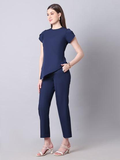 Exude Iconic Asymetrical Top with Straight Fit Trouser Co-ord (Navy)