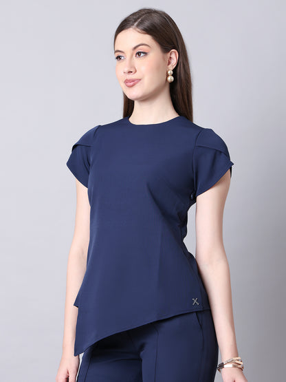 Exude Elysian Essence Asymmetrical Top with Cap Sleeves (Navy)