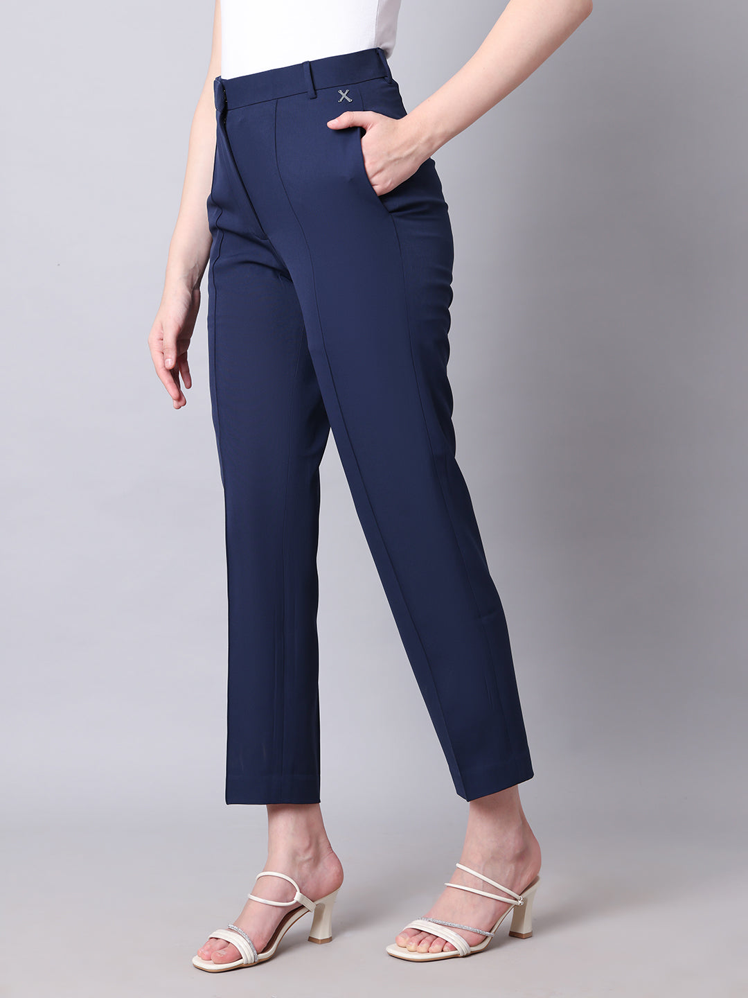 Exude Timeless Threads Straight Fit Trousers with Pockets (Navy)