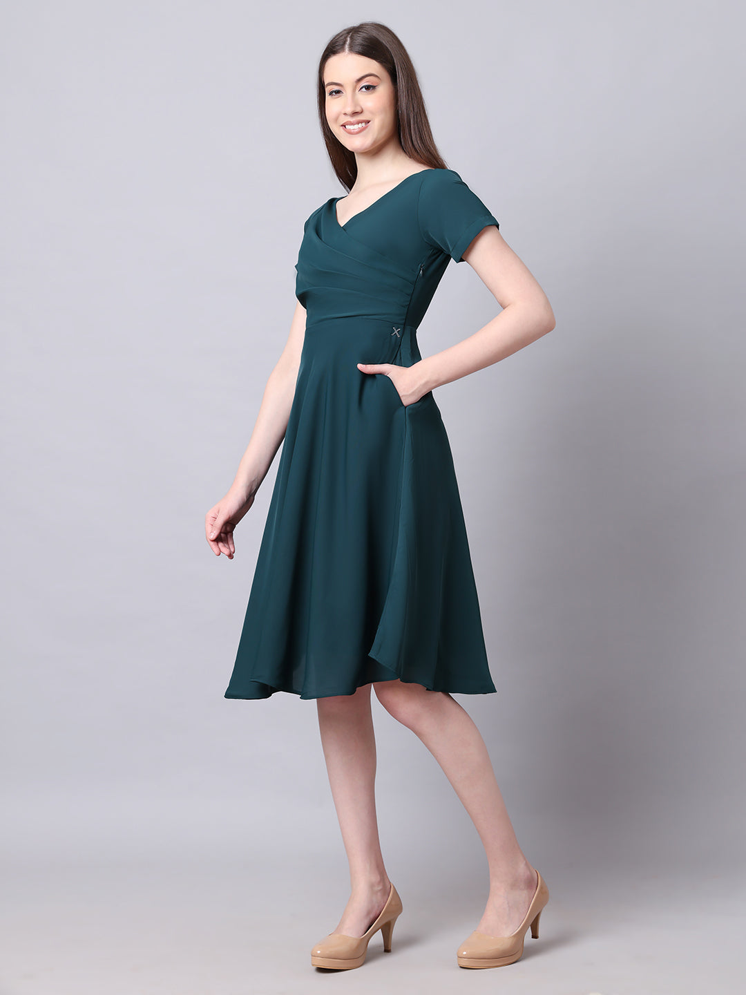 Exude Intrepid V-Neck Front Pleat Dress with Pockets ( Emerald)