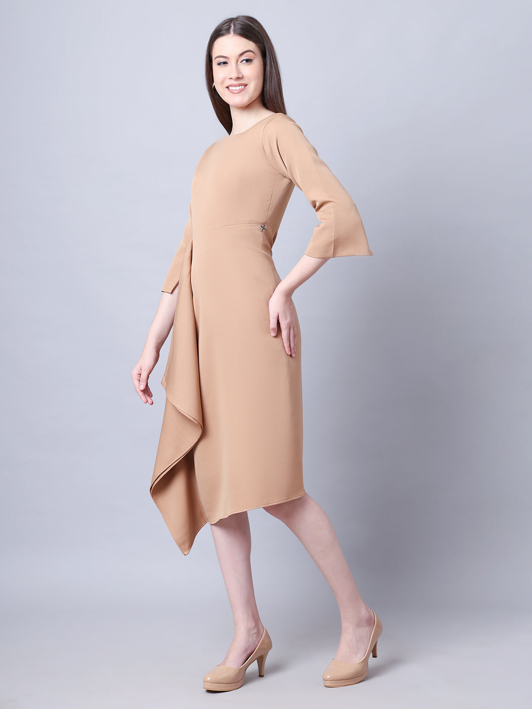 Exude Sunlit Drape Dress With Sleeves (Beige)