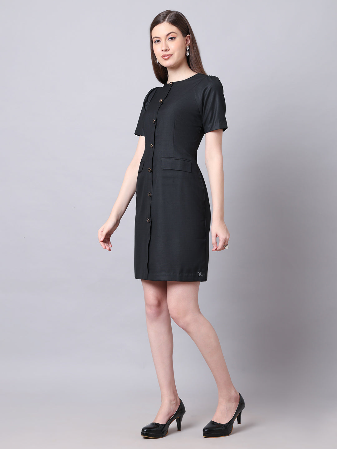 Exude Chic Revolution Suiting Fabric Front Button Shift Dress (Black)