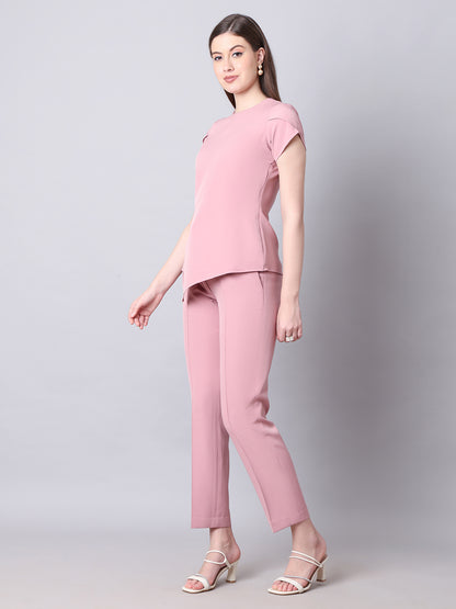 Exude Iconic Asymetrical Top with Straight Fit Trouser Co-ord (Dusty Pink)