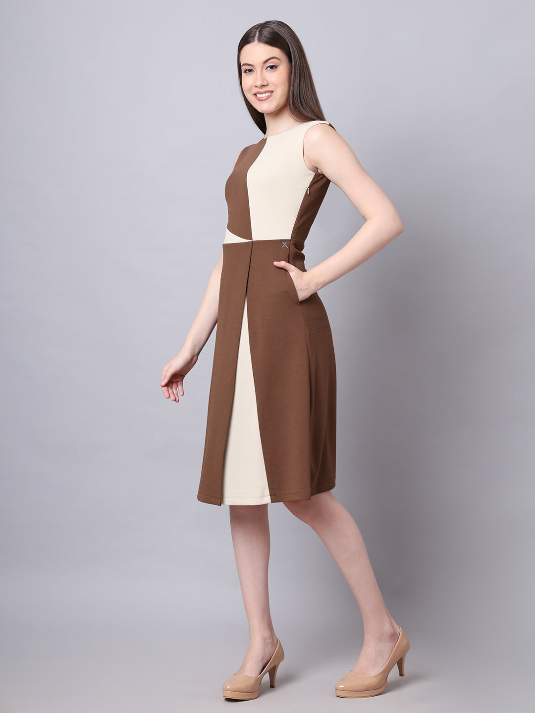 Exude Vibrant Versatility Colour Block A-line Dress (Coffee)