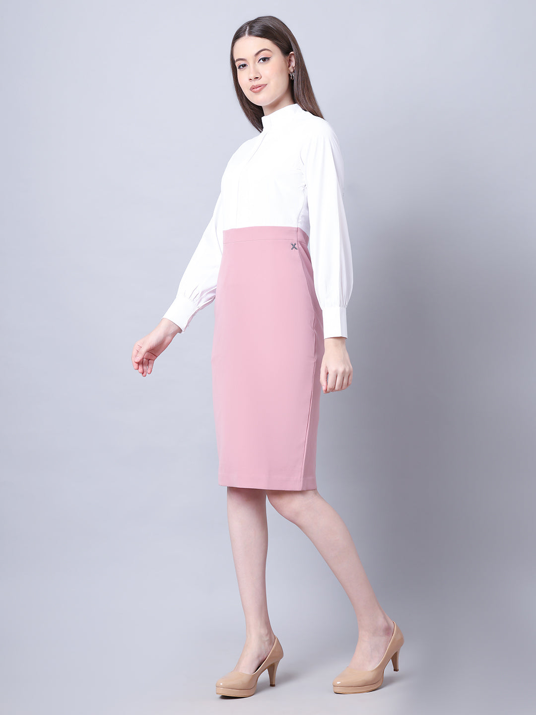 Exude Show-stopping Colour Block with High Neck Dress ( Dusty Pink)