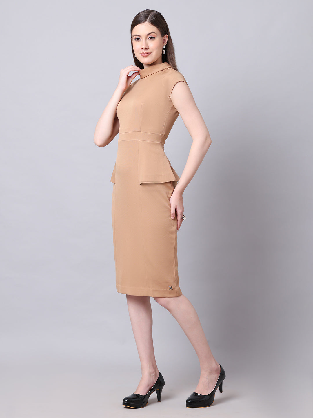 Exude Bold &amp; Beautiful High neck Dress with Cap Sleeves (Beige)