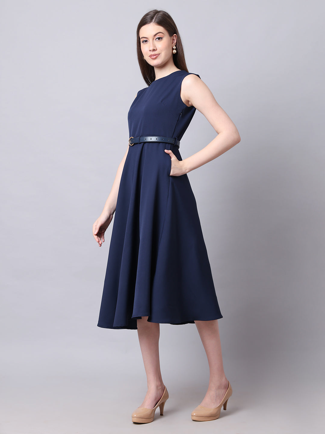 Exude Warmth Fit &amp; Flare Dress with Belt (Navy)