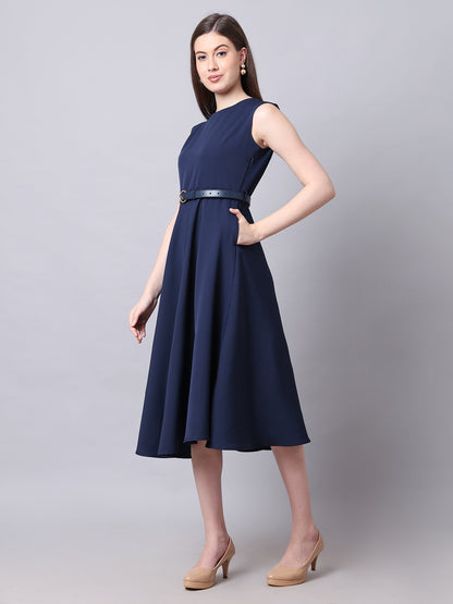 Exude Warmth Fit &amp; Flare Dress with Belt (Navy)