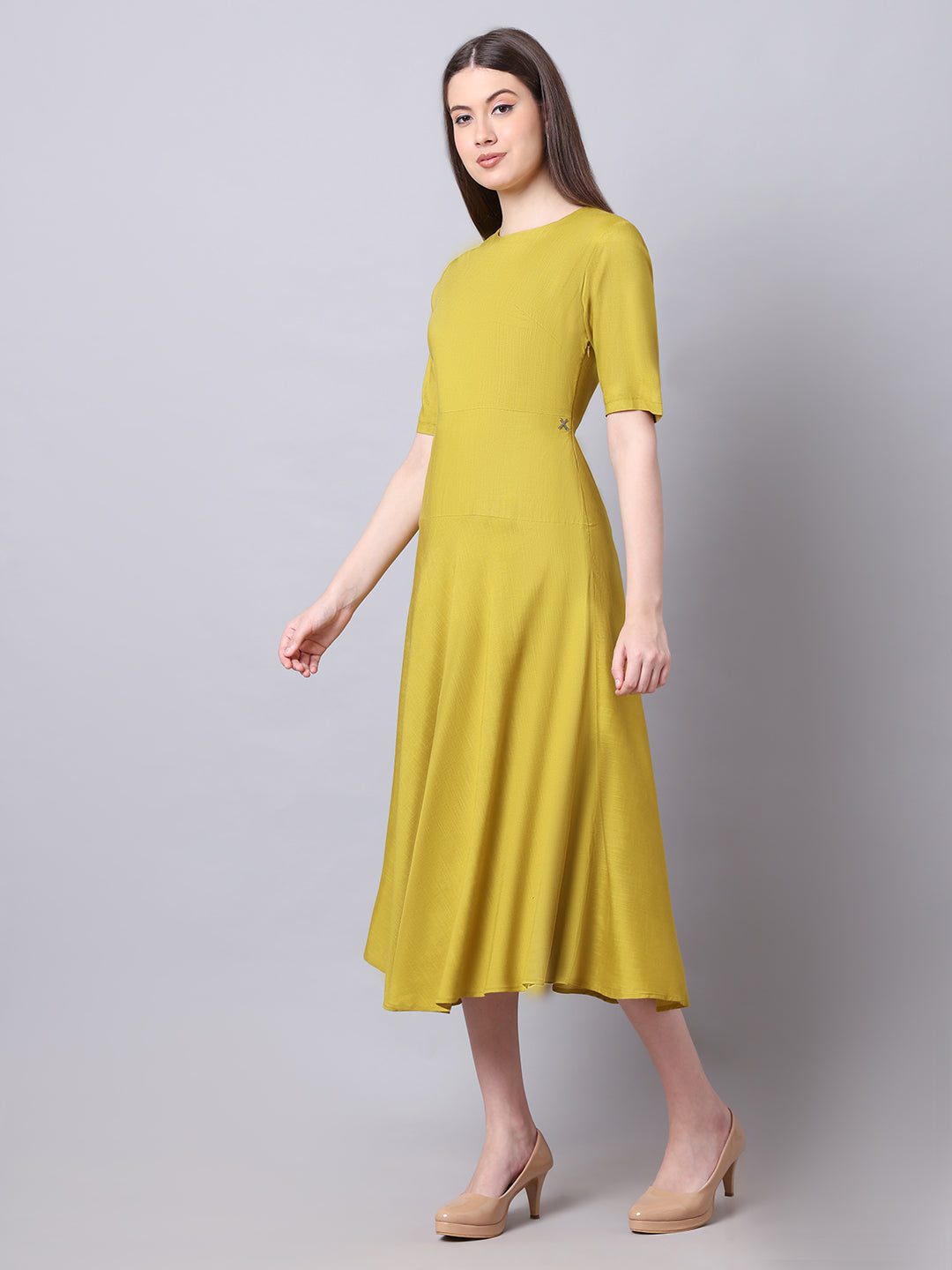 Exude Resilient Radiance Midi Flare Dress with Sleeves (Lime)