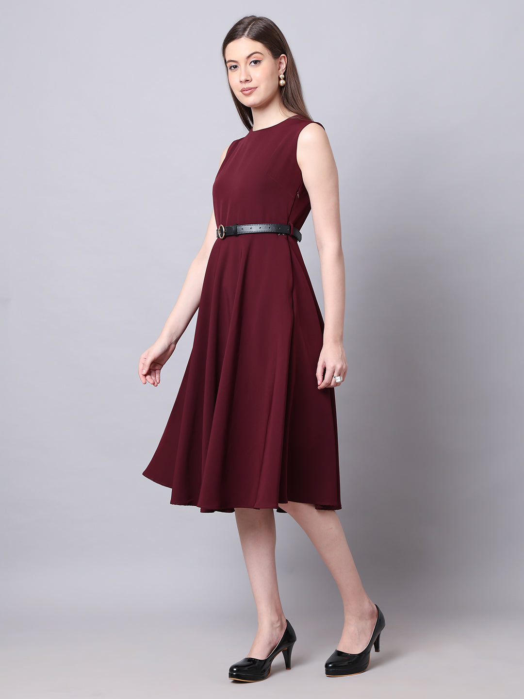 Exude Warmth Fit &amp; Flare Dress with Belt (Wine)