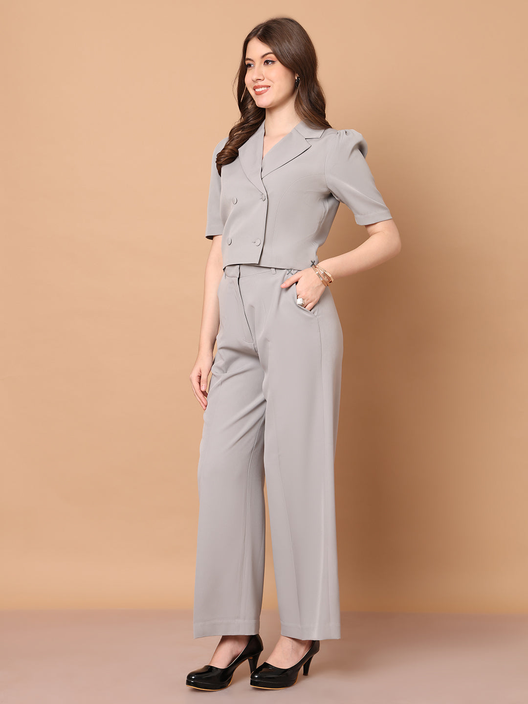 Exude Daring Dreams Crop Blazer with Wide Leg Trouser (Grey)