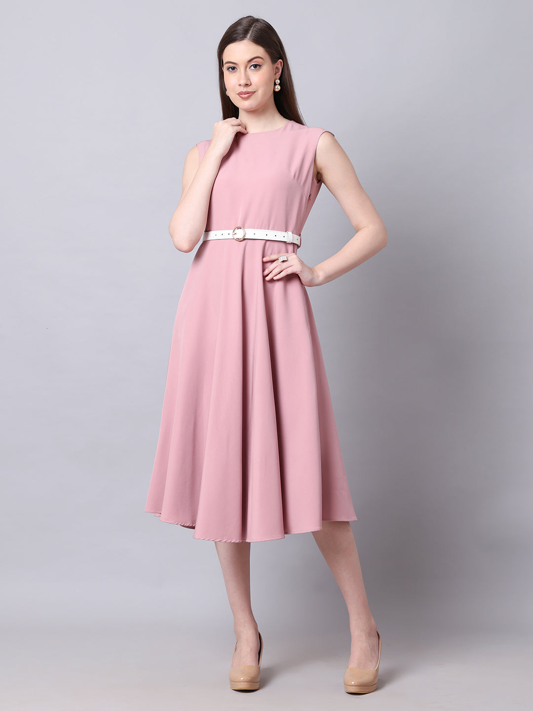 Exude Warmth Fit &amp; Flare Dress with Belt (Blush Pink)