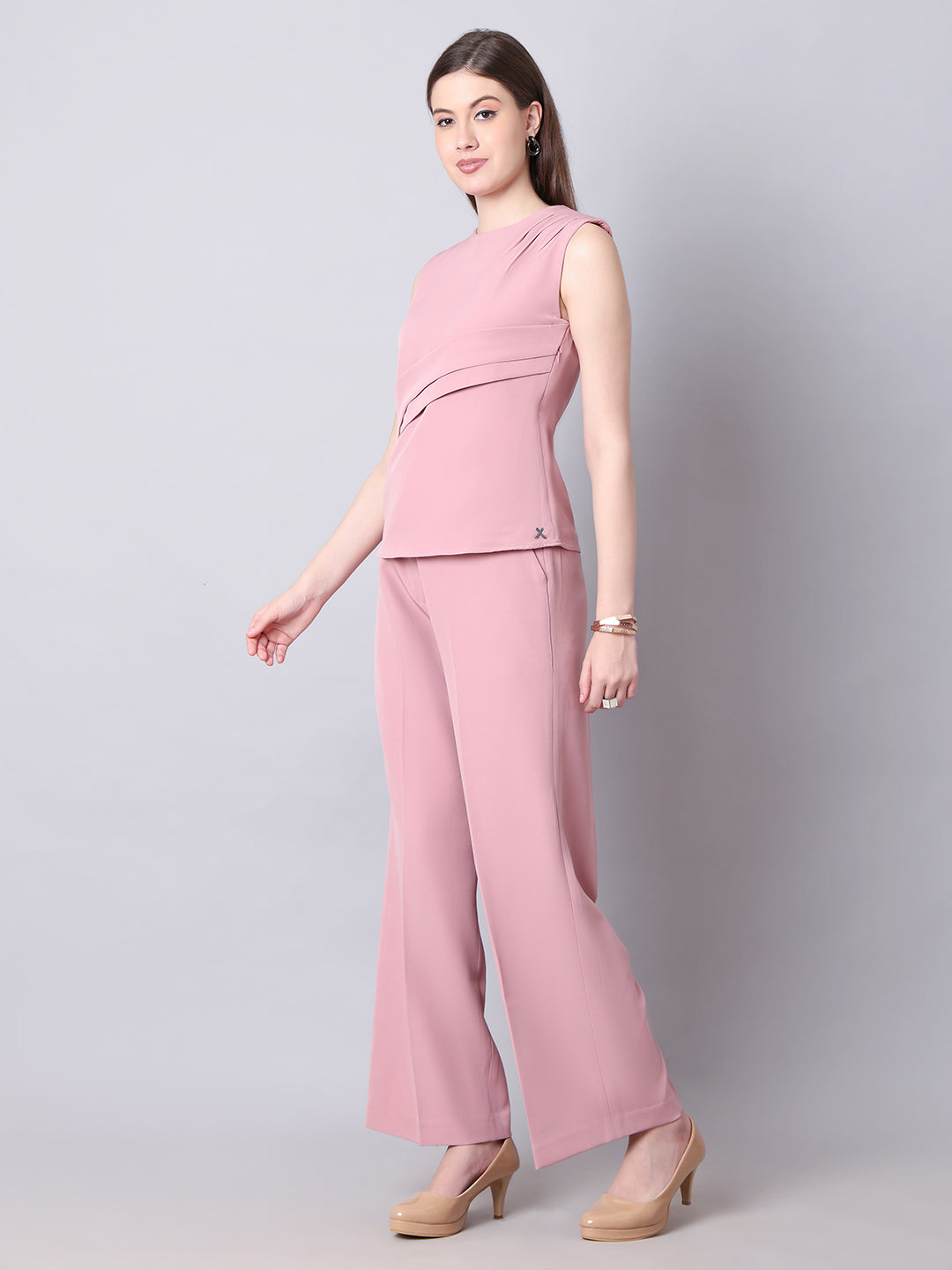 Exude Warrior Queen Side and Shoulder Pleat Top Paired with Wide Leg Trousers (Dusty Pink)