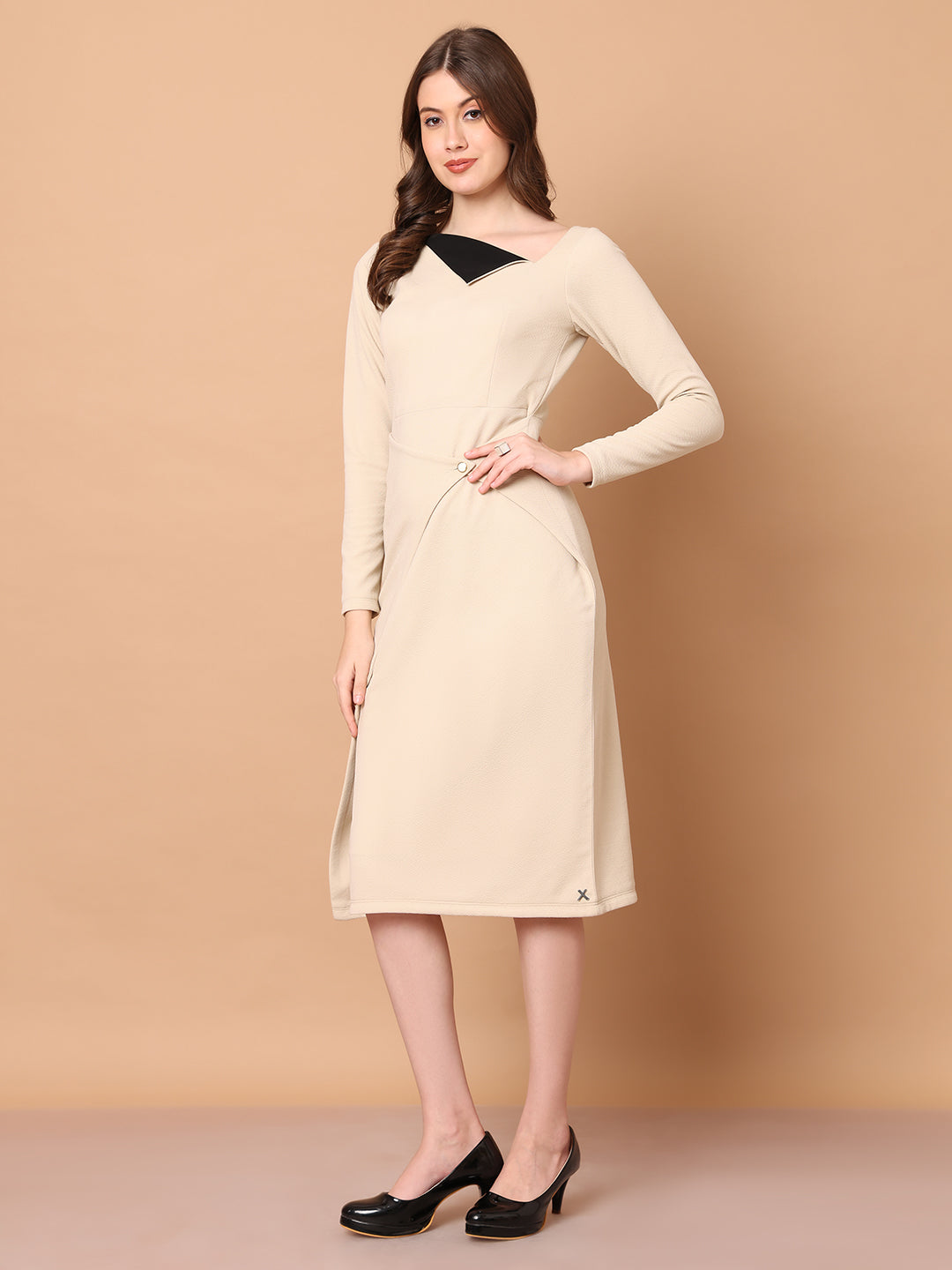 Exude Feminine Flair Front Fold Wrap Dress (Beige)