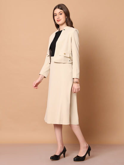 Exude Exuberant Mandarin Collar Blazer with Midi A-line Skirt (Beige)