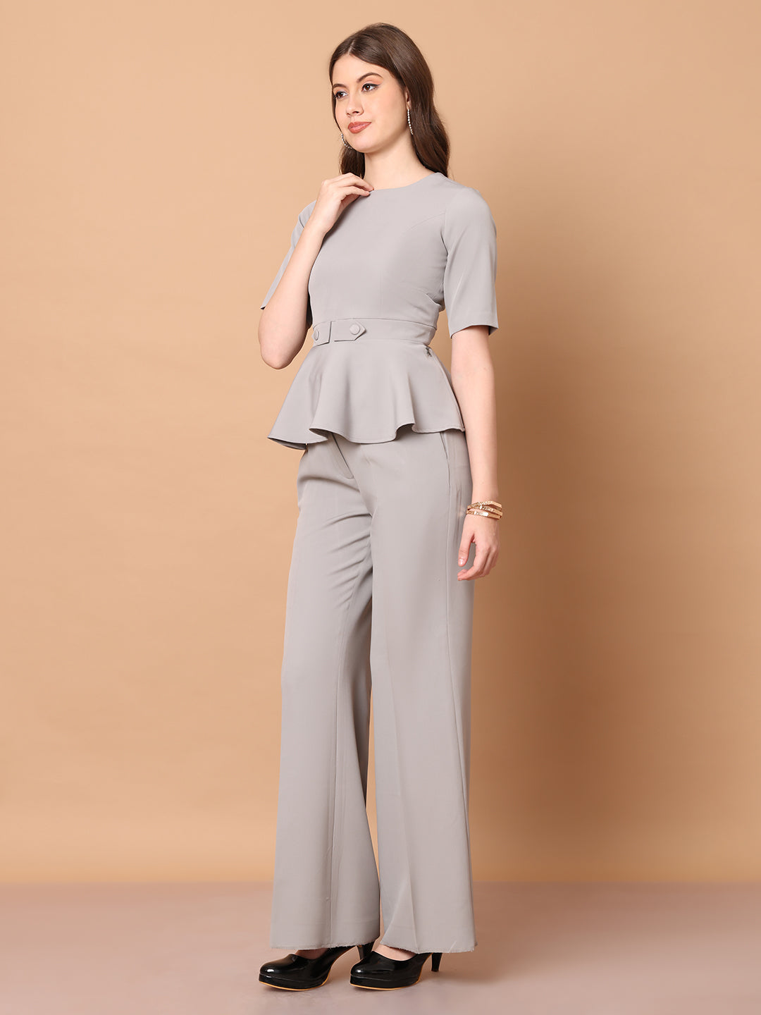 Exude Rise &amp; Roar A-Line Top with Waist Detail, Paired With Matching Bootcut Trouser (Grey)