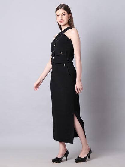 Exude Runway-Ready Long Skirt with Halter Top (Black)