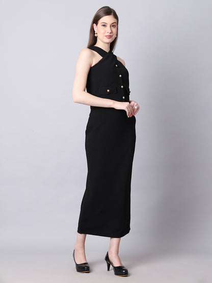 Exude Runway-Ready Long Skirt with Halter Top (Black)