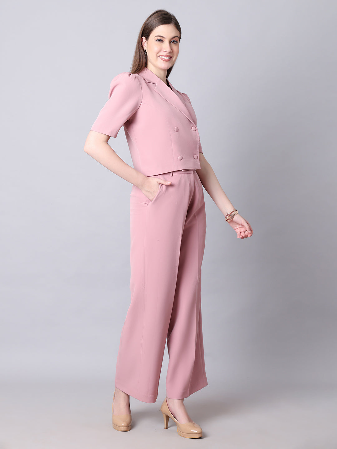 Exude Fierce &amp; Fabulous Crop Blazer and Wide Leg Trousers (Pink)