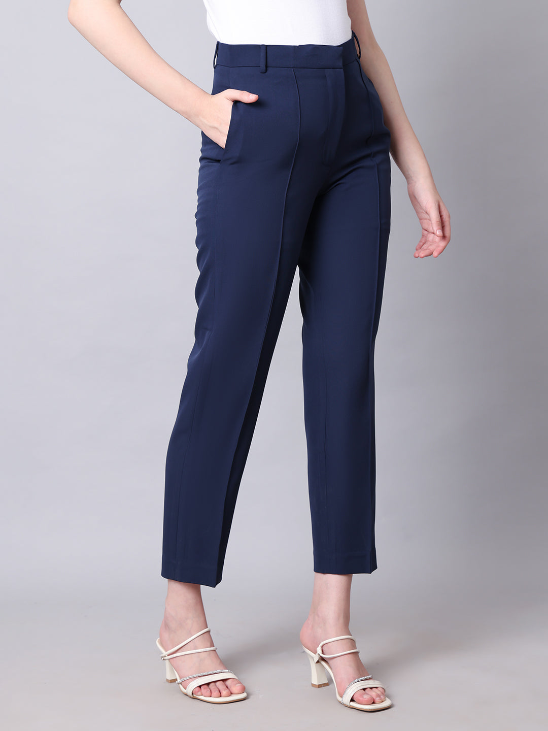 Exude Timeless Threads Straight Fit Trousers with Pockets (Navy)