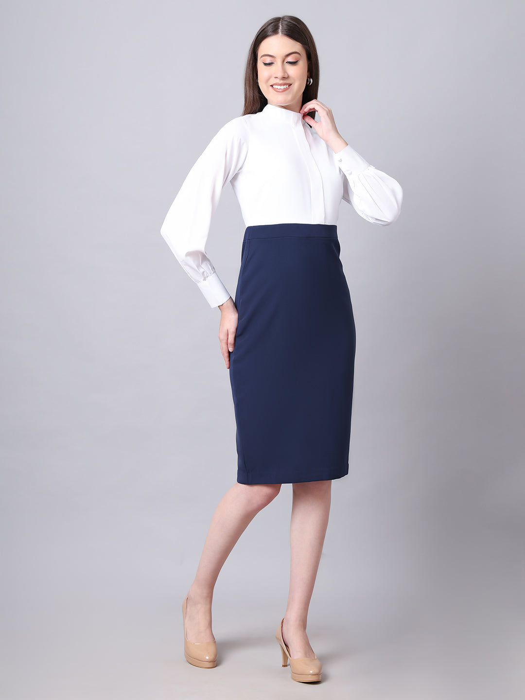 Exude Show-Stopping Colour Block with High Neck Dress (Navy)