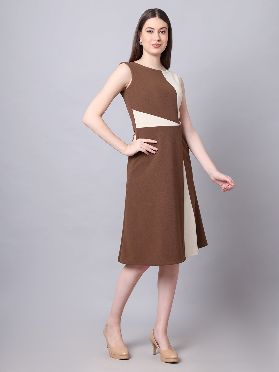 Exude Vibrant Versatility Colour Block A-line Dress (Coffee)